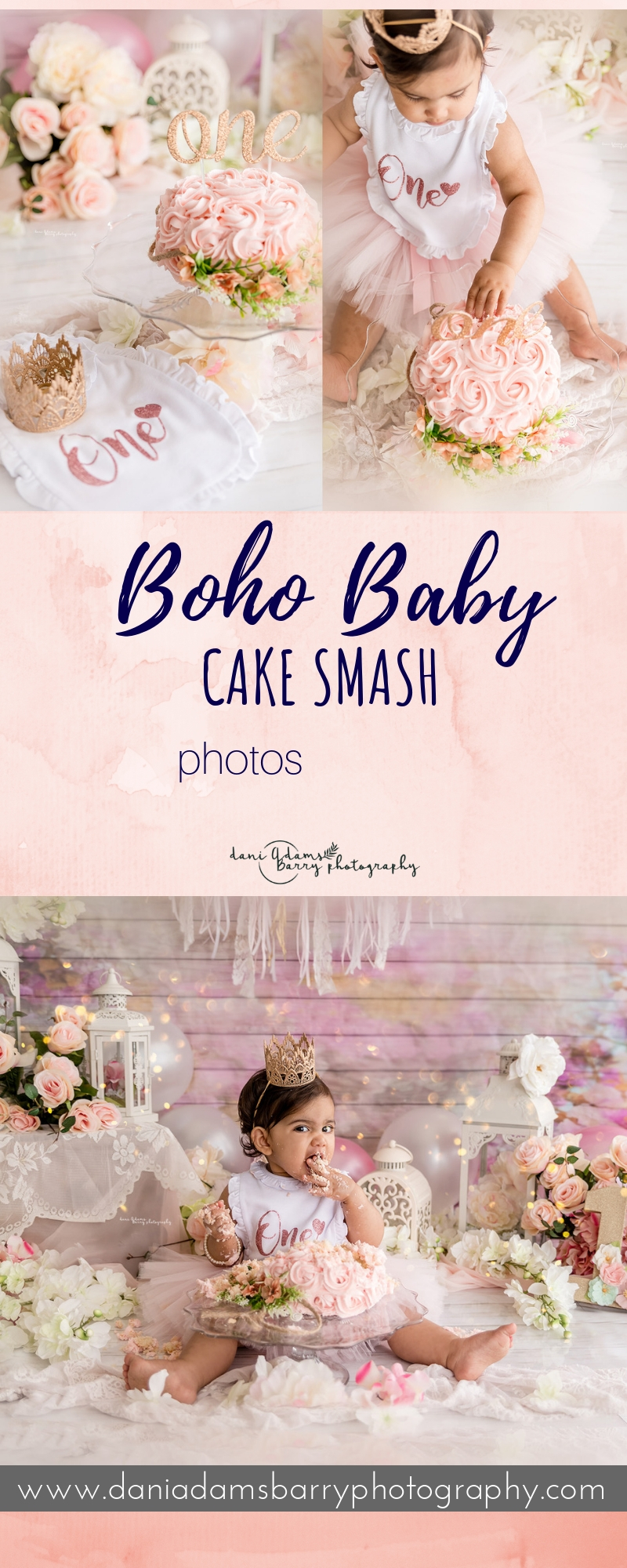 Pink Boho One Year Baby Cake Smash Photography- Dallas TX