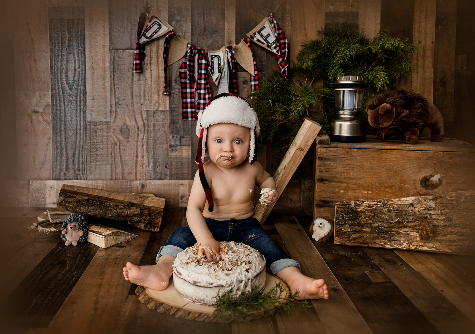 best woodland lumberjack theme cake smash photography baby milestone