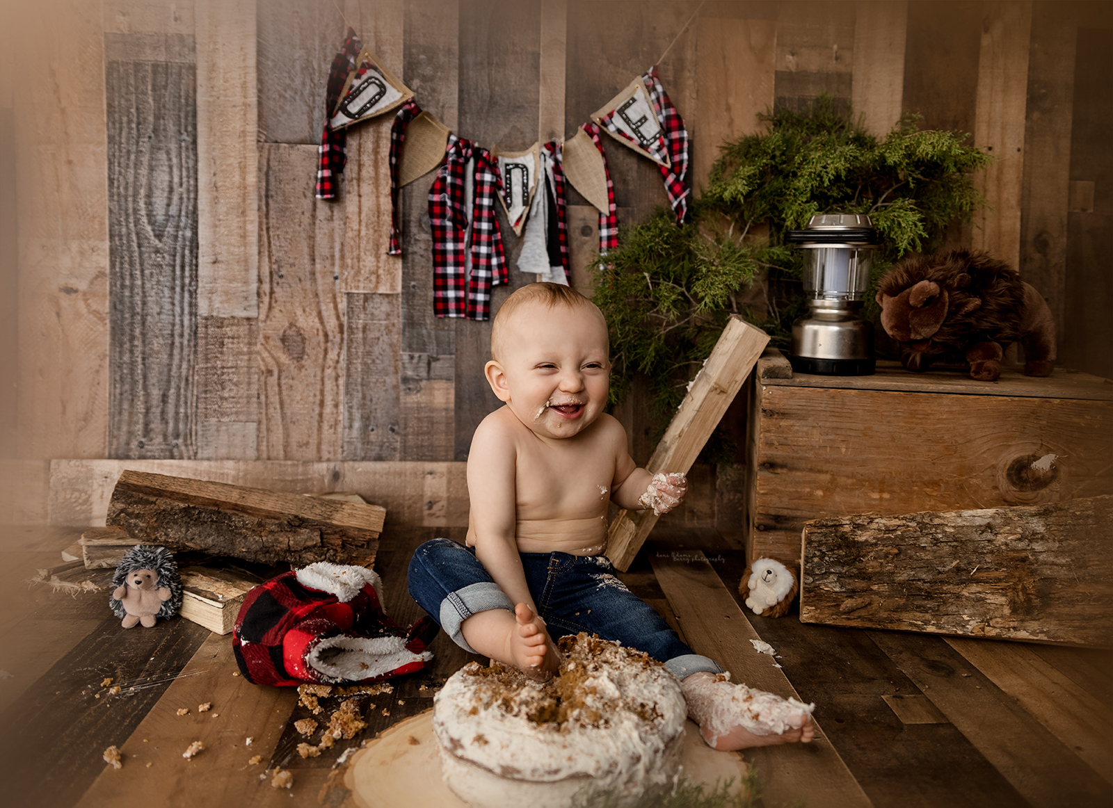 lumberjack baby milestone woodland cake smash photography